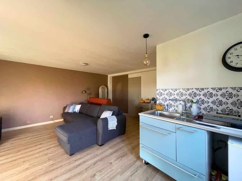 Cuisine du studio avec rangements, plaque de cuisson et espace compact fonctionnel, ouverte sur la pièce de vie