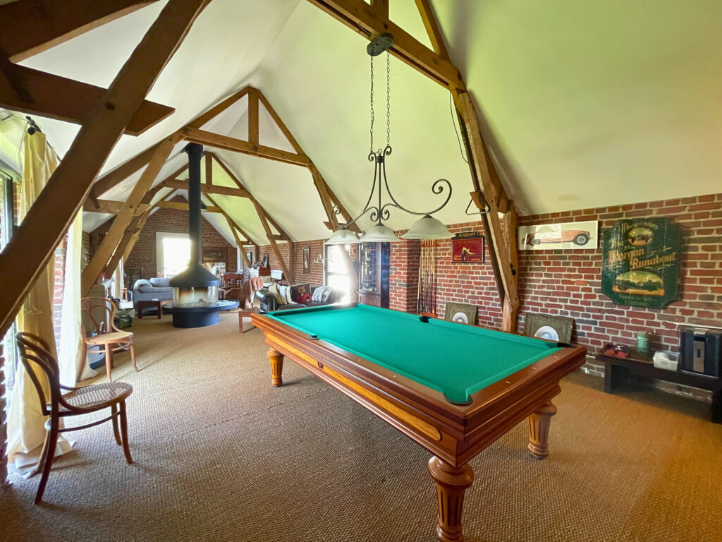 Ambiance chaleureuse du grand salon, avec poêle à granulés, lumière traversante et volumes généreux