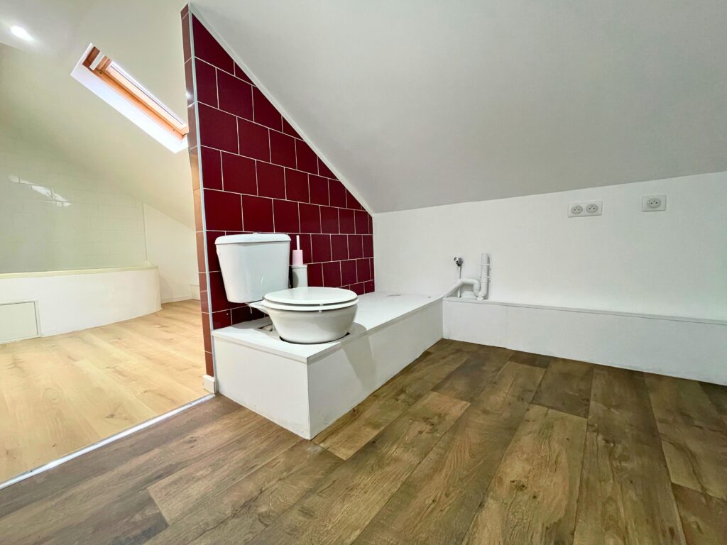 Salle de bain lumineuse avec WC, carrelage mural rouge et fenêtre de toit, maison rénovée à Raimbeaucourt