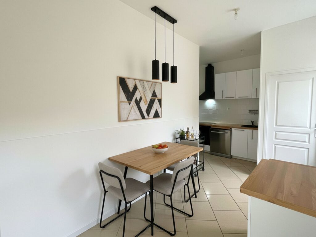 Cuisine aménagée et équipée, pensée pour un usage quotidien : linéaire fonctionnel, rangements, électroménager intégré et espace repas convivial. Un volume simple et efficace, facile à personnaliser selon ses goûts.