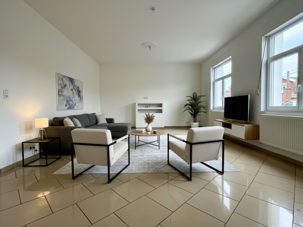 Belle pièce de vie offrant un espace salon, baigné de lumière naturelle. Les volumes permettent une implantation classique du mobilier, idéale pour une première installation sans travaux.